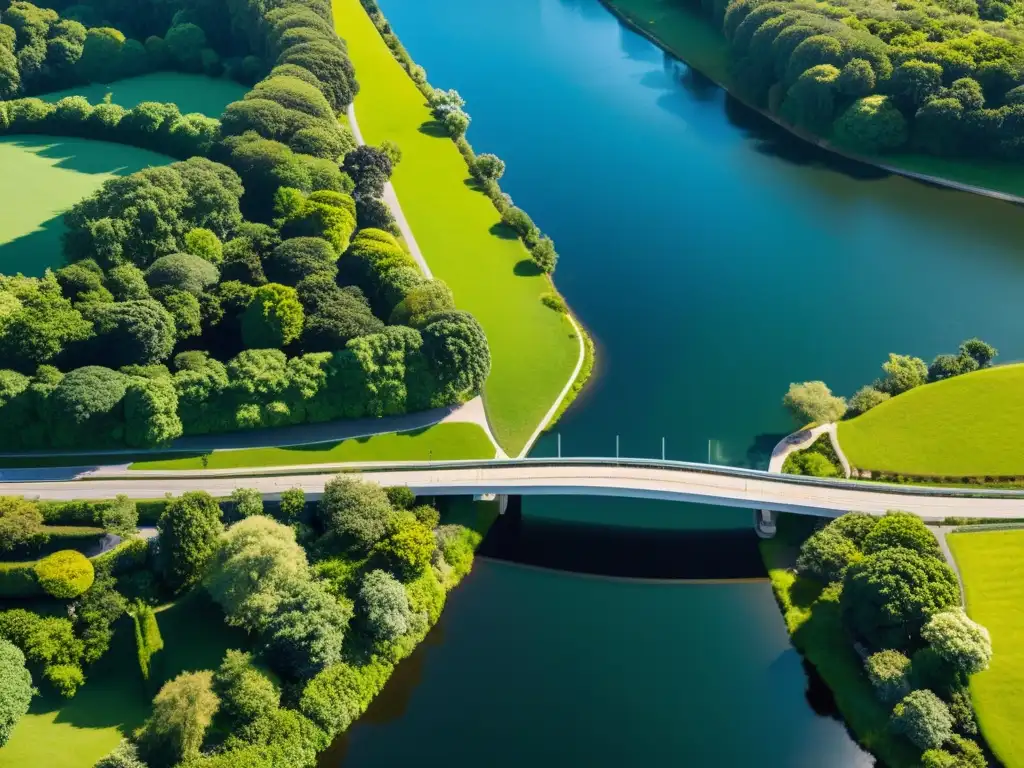 Un puente icónico moderno se integra armónicamente en un exuberante paisaje verde