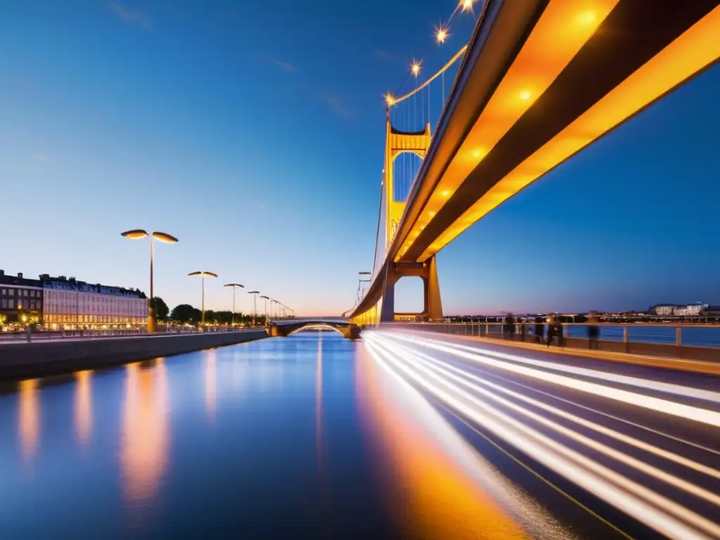 Un puente icónico moderno con tecnología de realidad aumentada integrada, iluminado por la cálida luz de la noche sobre el río