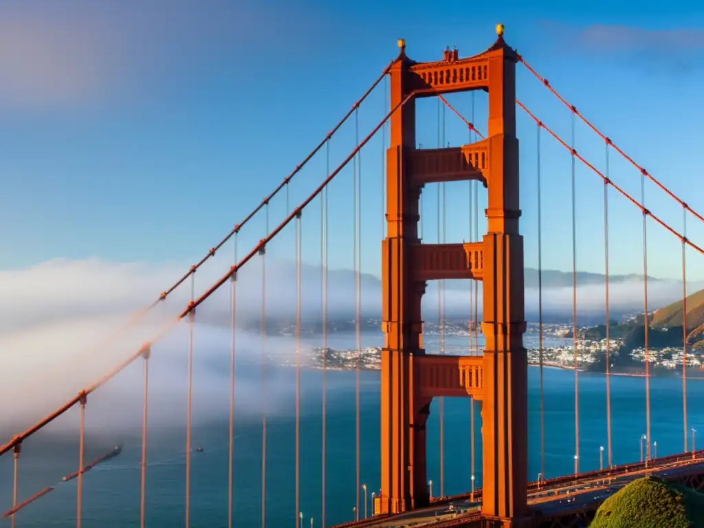 Un puente icónico del mundo, el Golden Gate de San Francisco, emerge entre la niebla al amanecer, con la ciudad al fondo