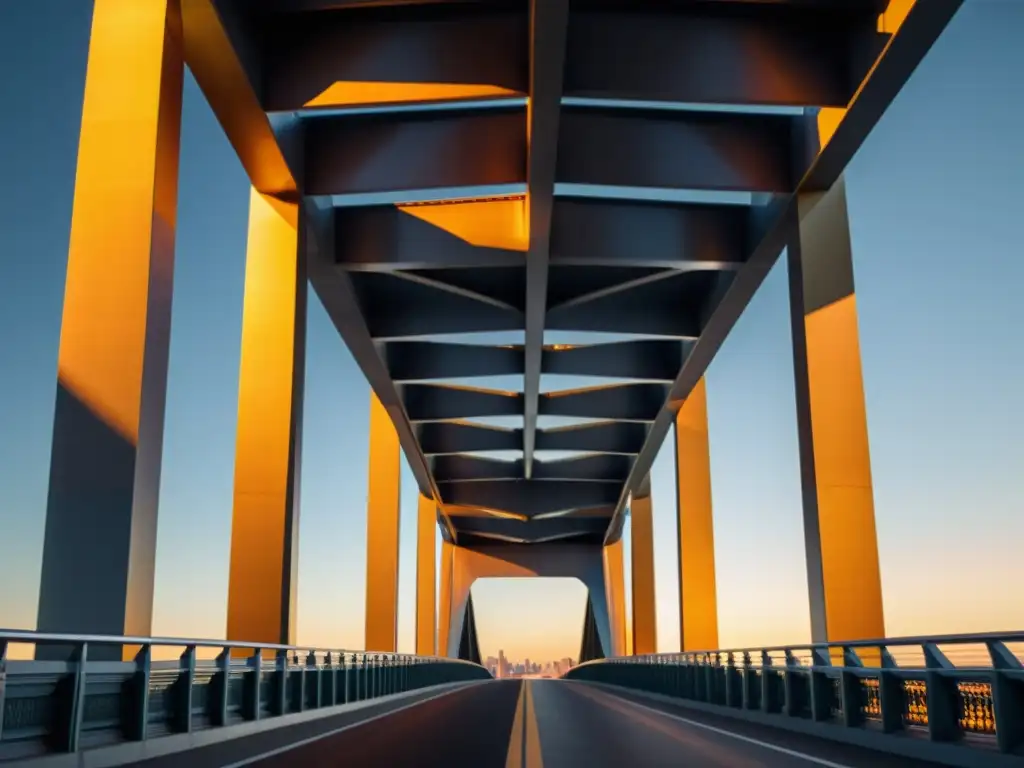 Un puente icónico en la puesta de sol, con su diseño futurista y detalles arquitectónicos, evocando asombro