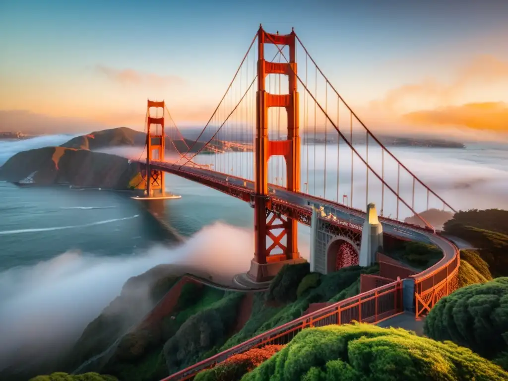 Un puente icónico, punto de encuentro espiritual, bañado por la luz del atardecer entre la niebla