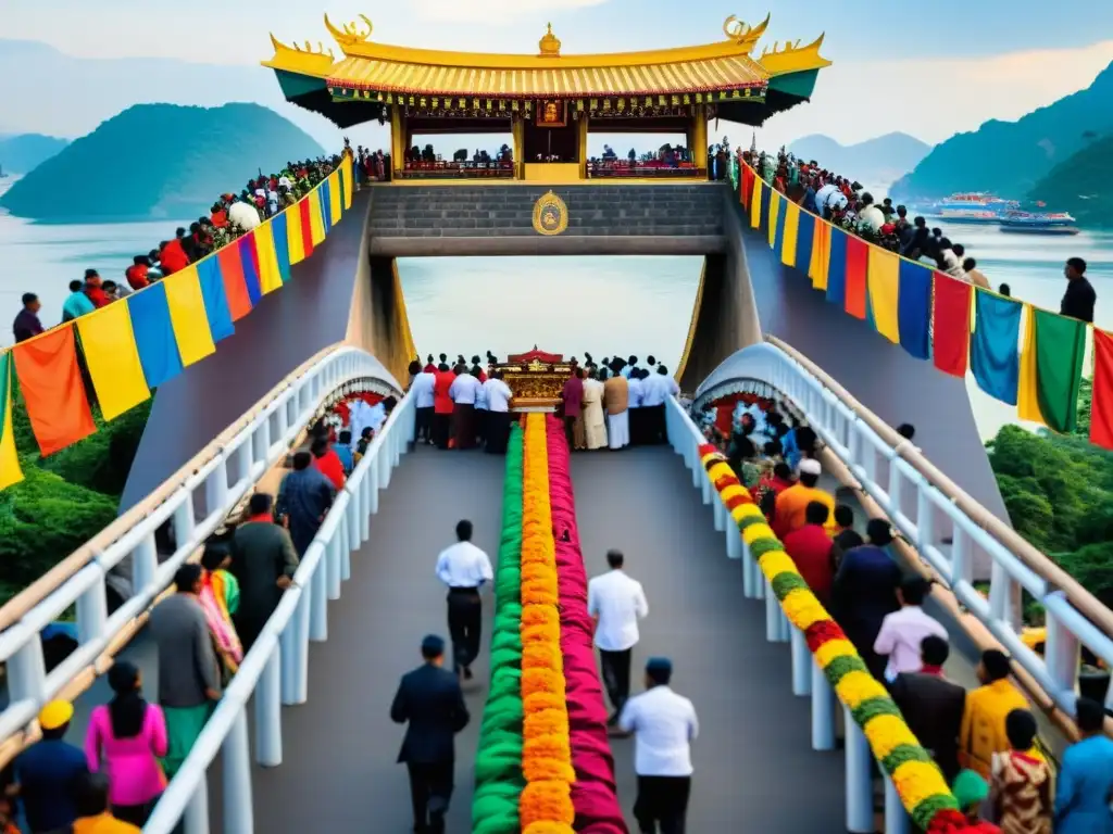 Un puente icónico, punto de encuentro espiritual, con vibrantes celebraciones y rituales culturales en una atmósfera de unidad y conexión espiritual