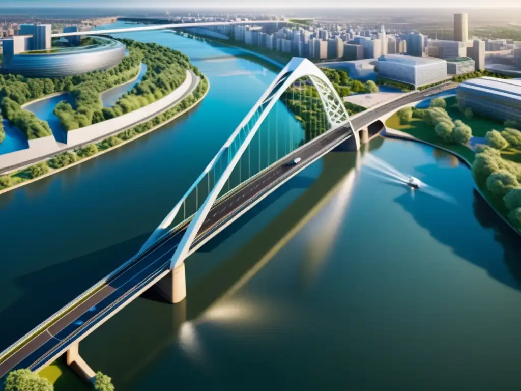 Un puente icónico que integra la realidad mixta con el paisaje urbano, reflejando innovación y tecnología