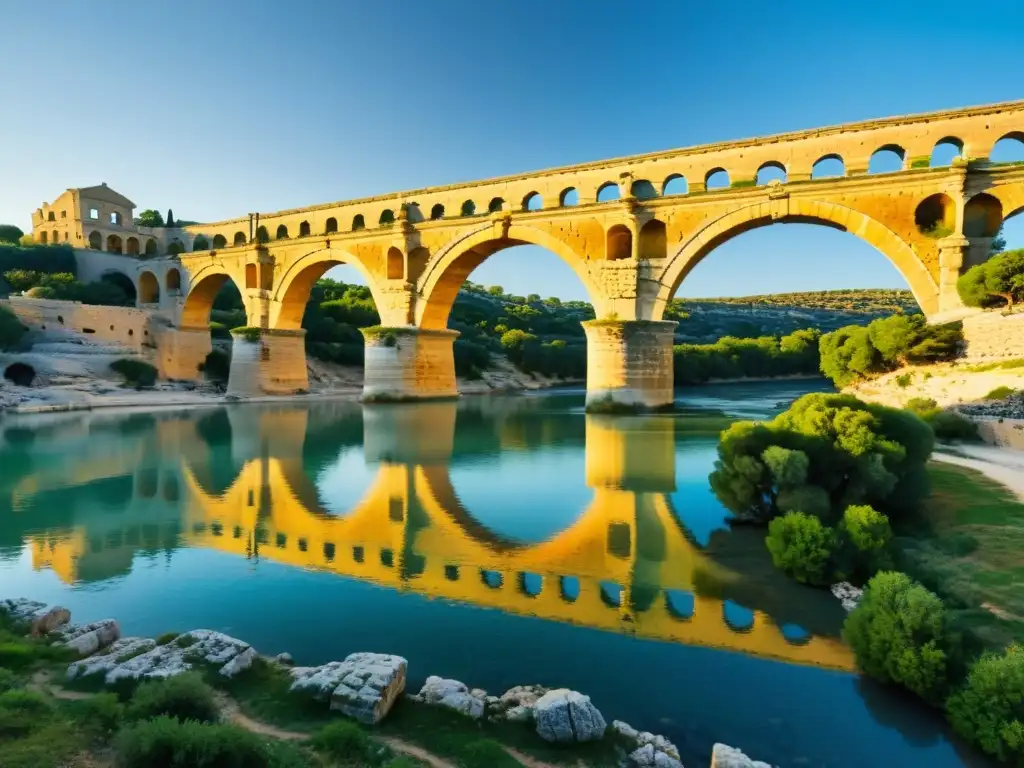 Puente icónico romano Pont du Gard al atardecer, reflejando su majestuosidad en el río, una maravilla de la historia y la arquitectura