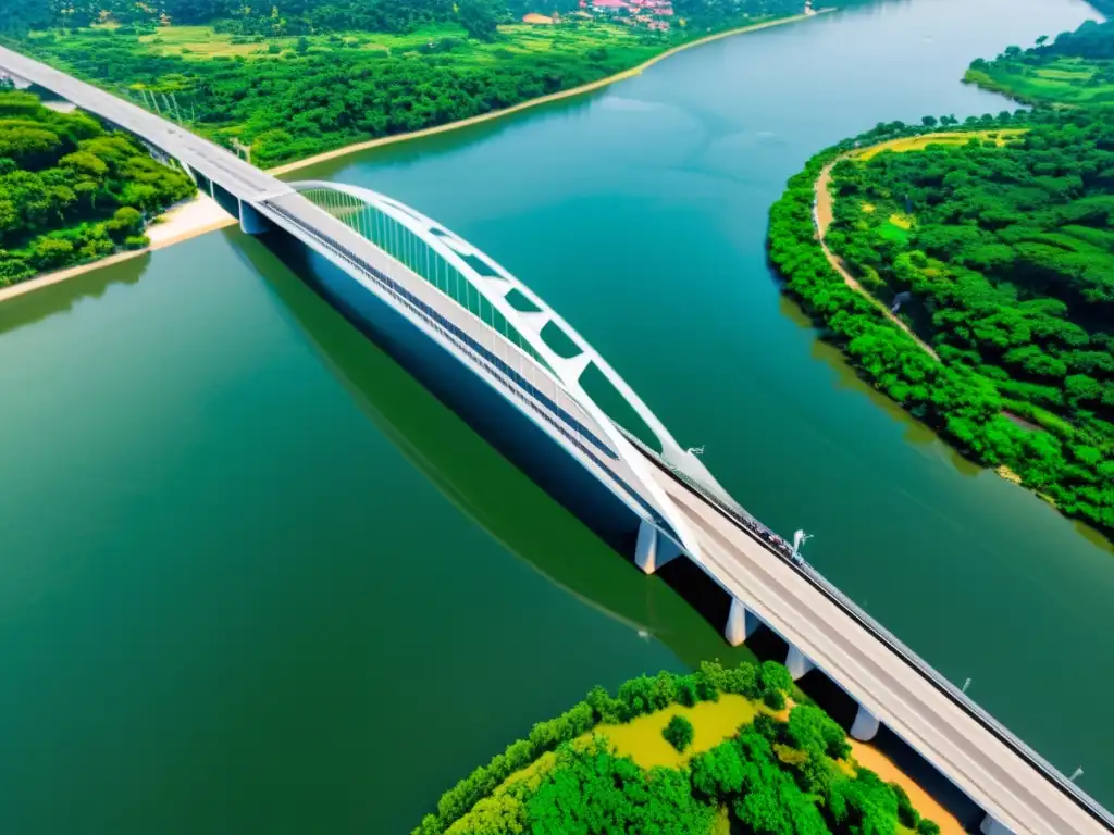 Un puente icónico y sostenible se integra armoniosamente en un paisaje natural, reflejando tranquilidad y elegancia