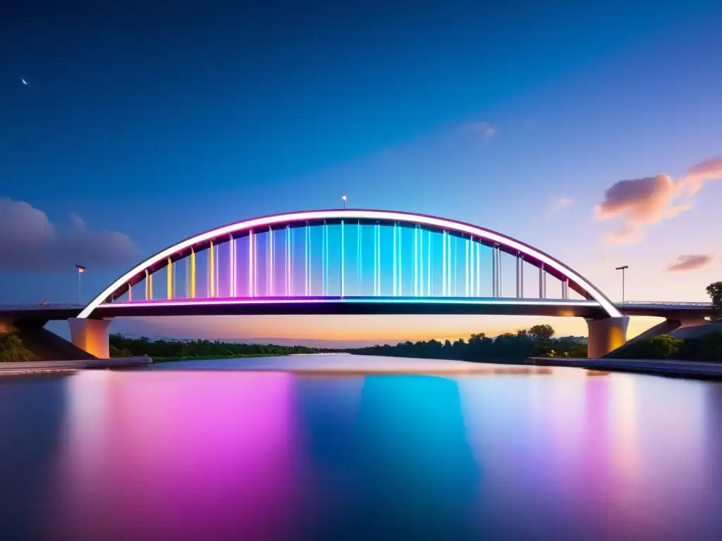 Puente icónico con tecnología de sensores, diseño futurista y luces cautivadoras sobre el río