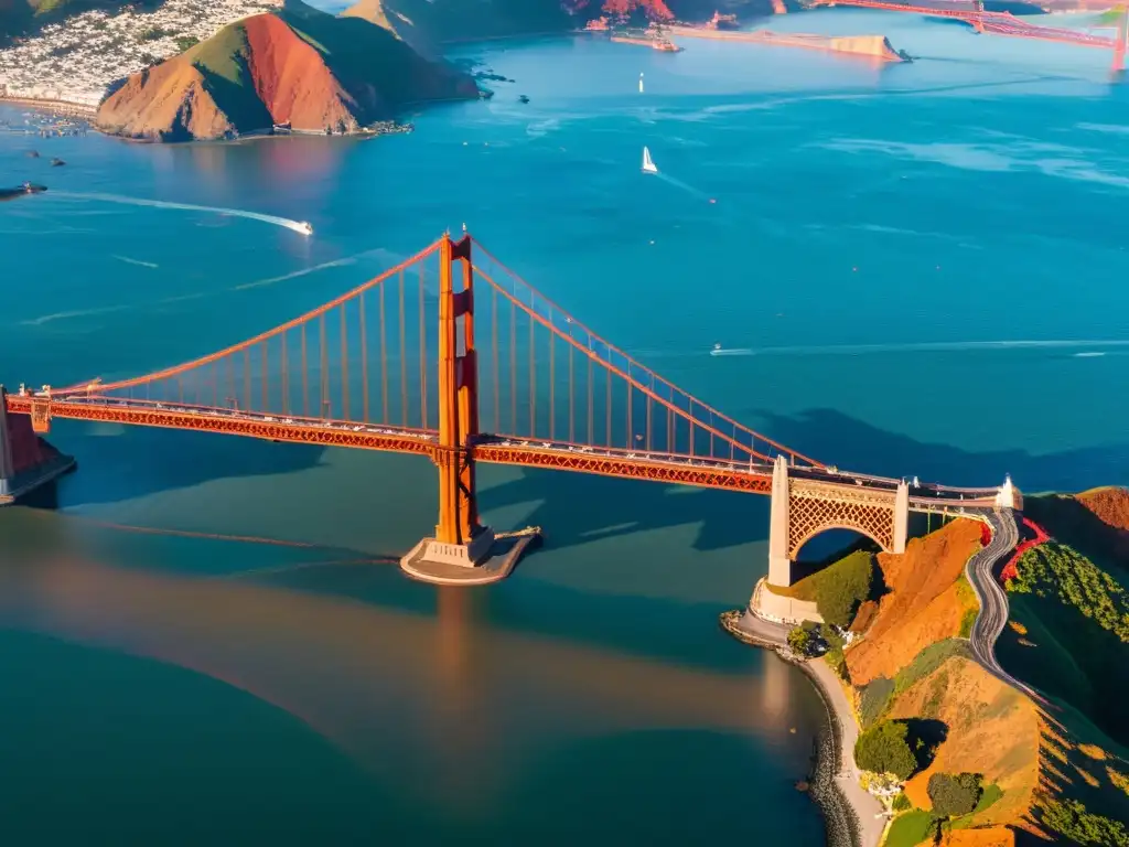 Puente icónico en zona costera: radiante atardecer en el Puente Golden Gate de San Francisco, bañado en luz dorada