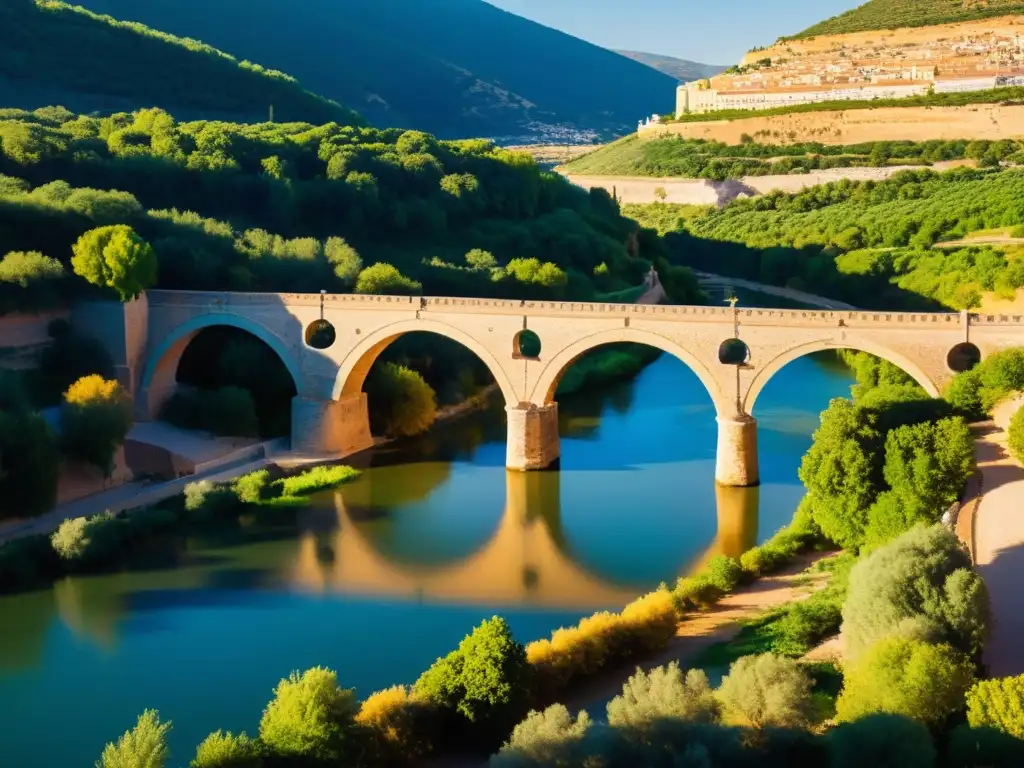 Puente de Alcántara, un ícono de la historia y la arquitectura cultural, bañado por la cálida luz del atardecer sobre el río Tajo en España