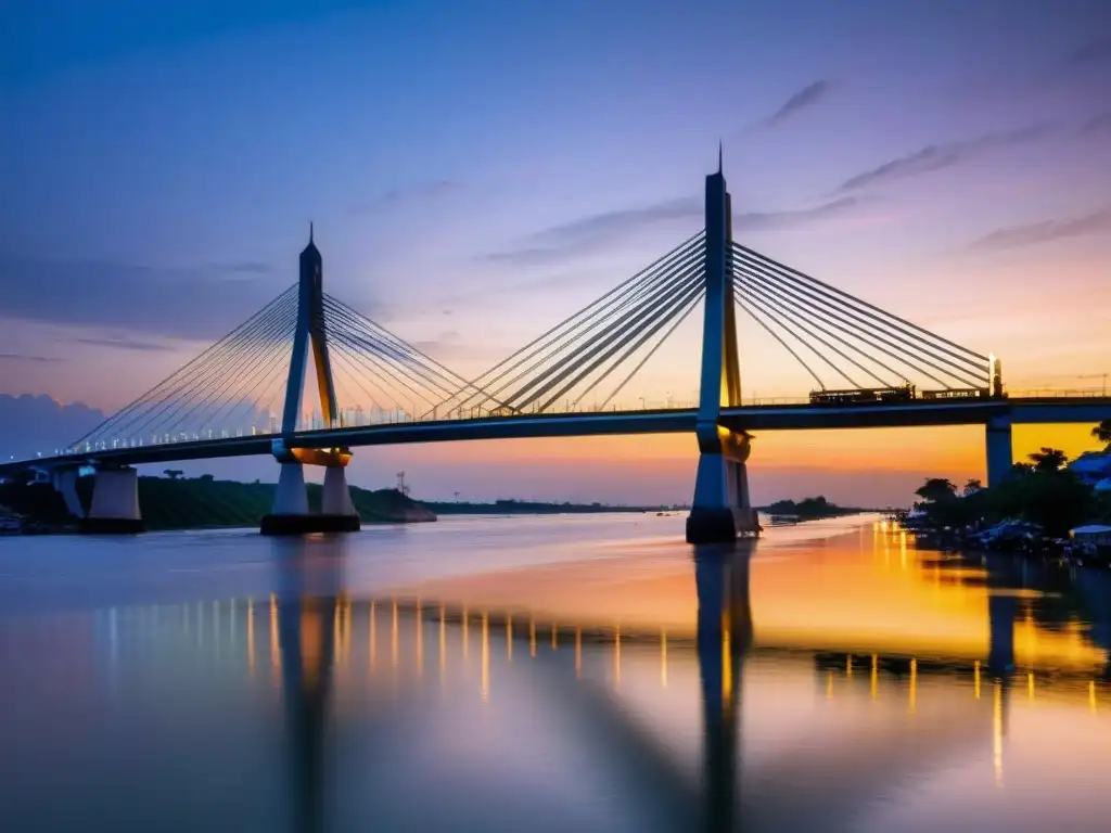 'El Puente de Can Tho Vietnam iluminado al anochecer, reflejando su arquitectura moderna en el río Mekong'