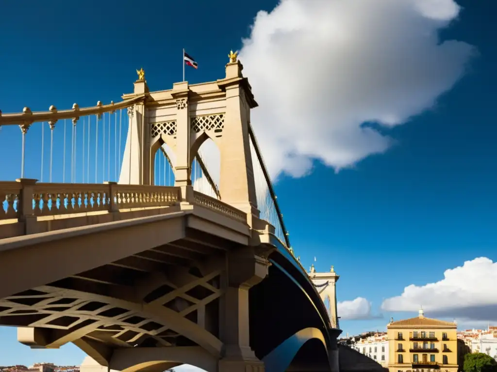 Fotografía perfecta del Puente de la Constitución resaltando su impresionante arquitectura y juego de luces y sombras bajo un cielo dramático