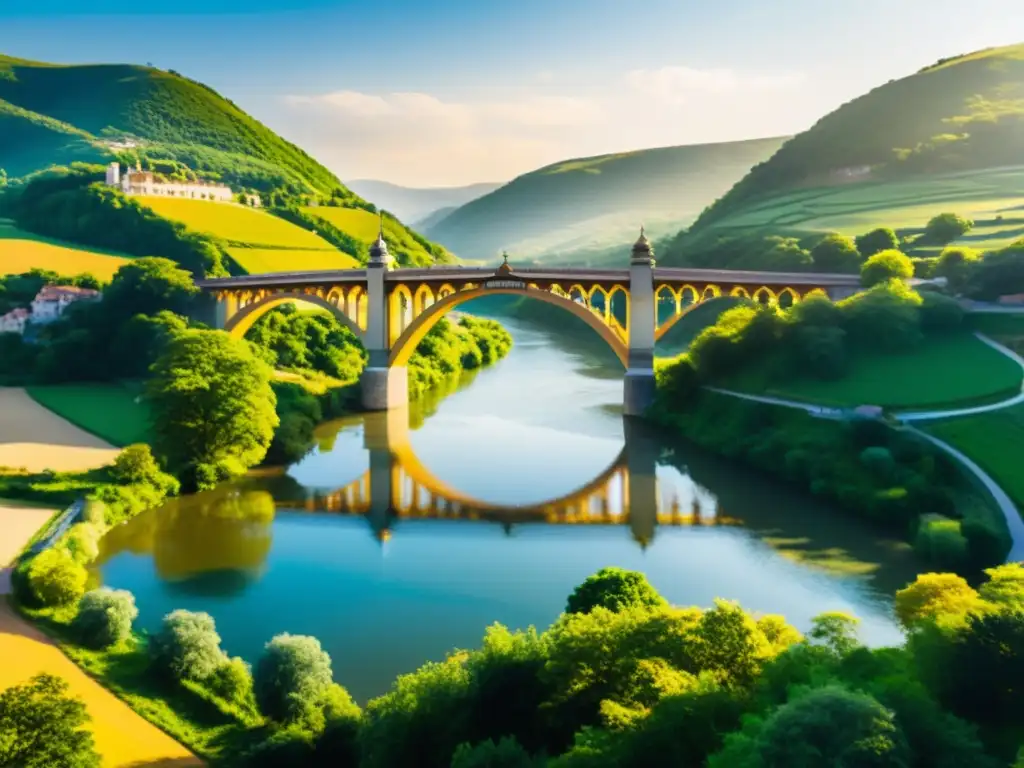 Un puente impresionante con diseño intrincado cruza un río ancho, bañado por la cálida luz del sol