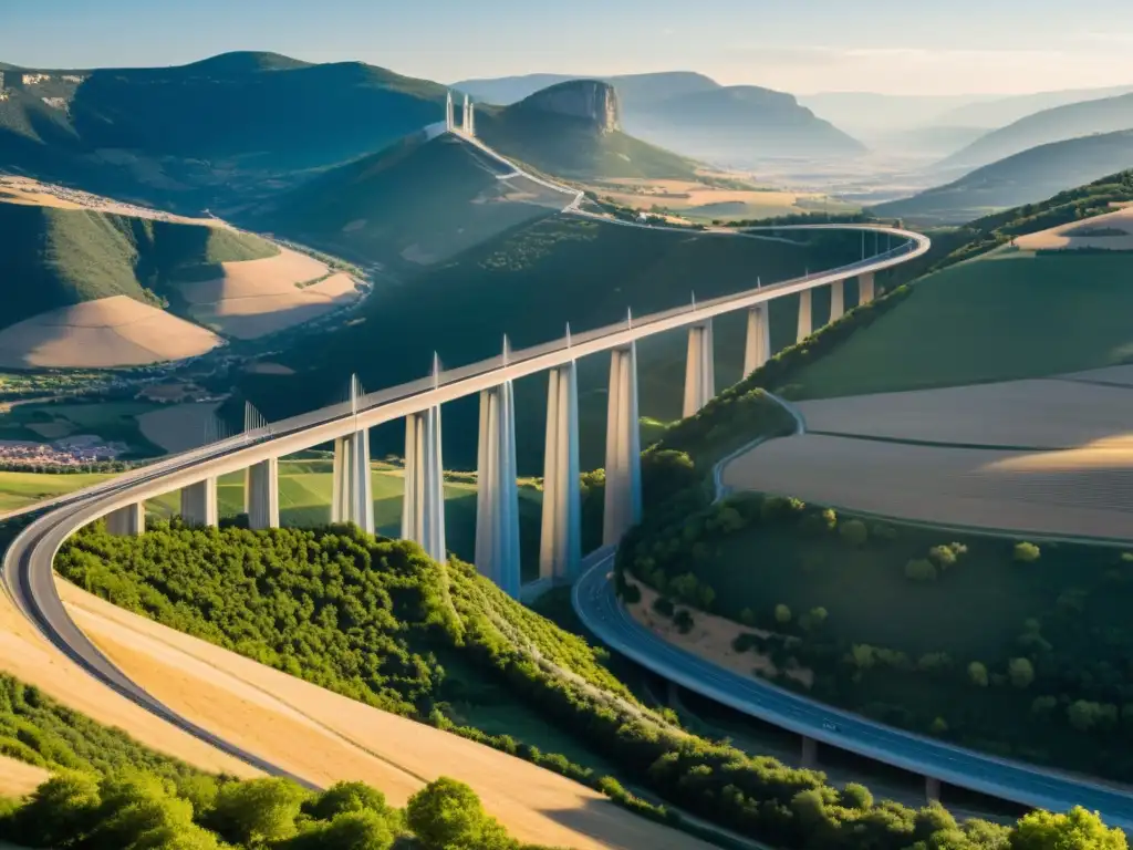 Un puente impresionante: el Viaducto de Millau en Francia, bañado por la cálida luz del atardecer