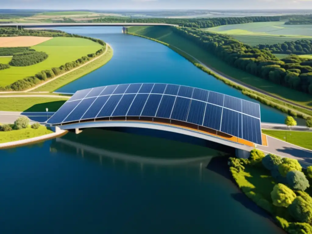 Un puente innovador con integración de paneles solares, capturando la energía renovable con un diseño moderno y elegante