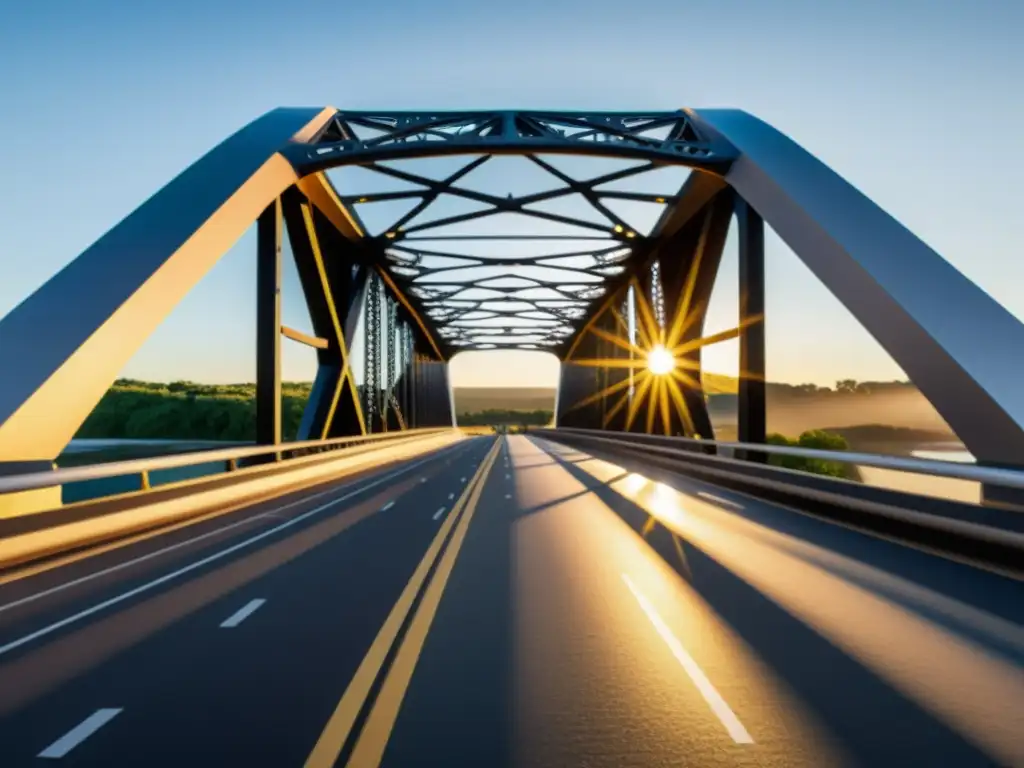 Un puente innovador con materiales de memoria, resaltando su resistencia y autoreparación, simbolizando el potencial de la infraestructura sostenible