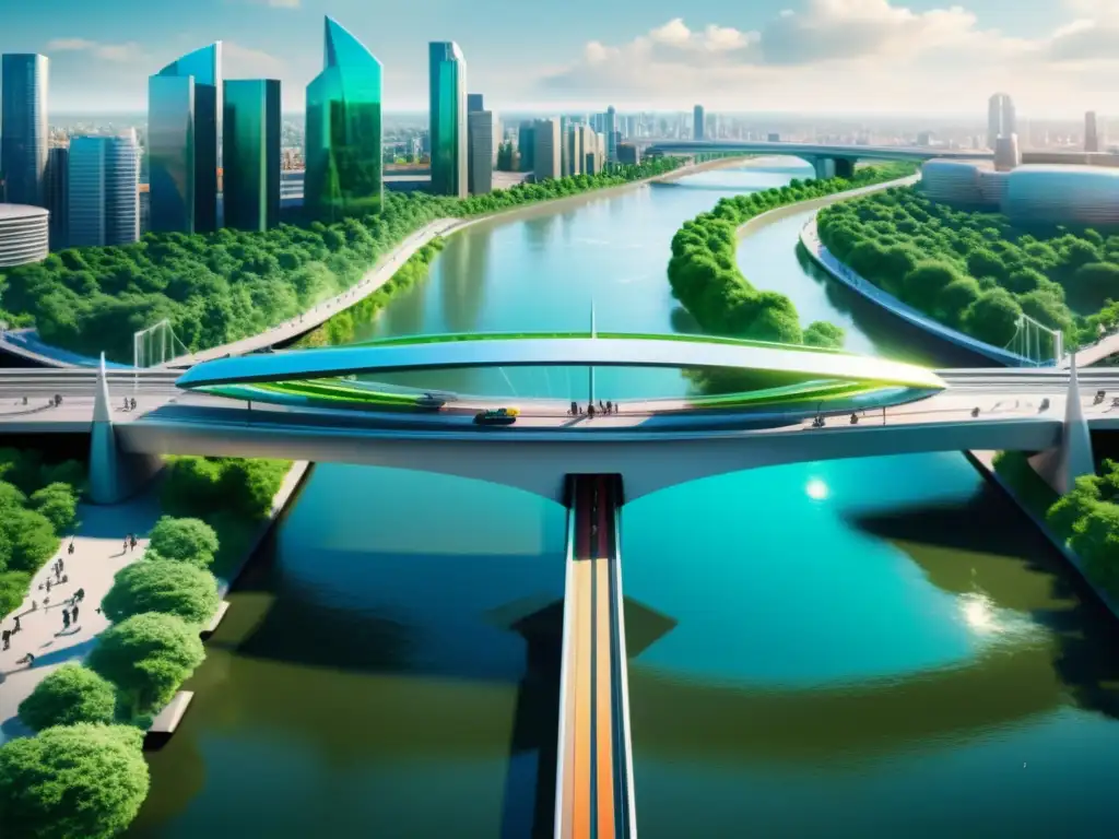 Un puente inteligente futurista sobre un río urbano, integrando tecnología y espacios públicos vibrantes