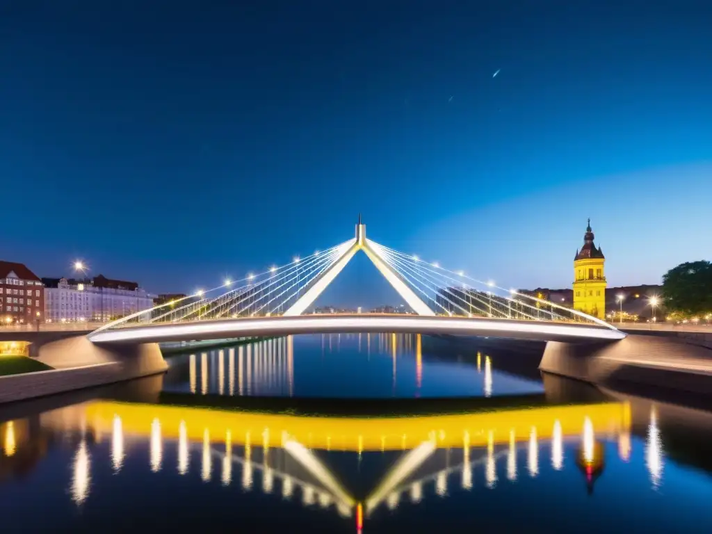 Puente inteligente iluminado sobre río de noche, reflejándose en agua serena, resaltando seguridad nocturna y conectividad urbana