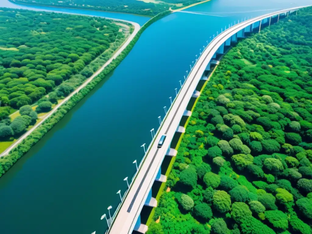 Puente inteligente integrado con gestión de recursos hídricos, rodeado de naturaleza exuberante y reflejando el cielo azul sobre el río