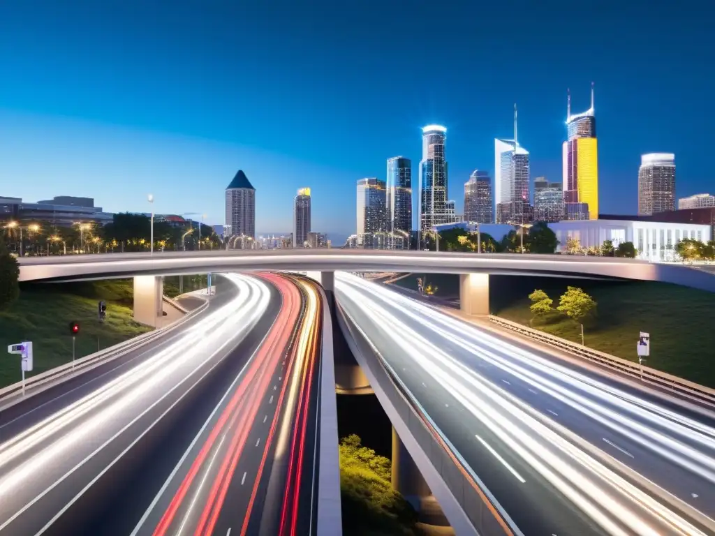 Un puente inteligente moderno iluminado en una concurrida intersección urbana, impactando la vida urbana con tecnología innovadora