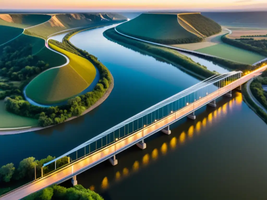 Un puente inteligente sobre un río al atardecer, simbolizando la gestión innovadora de recursos hídricos