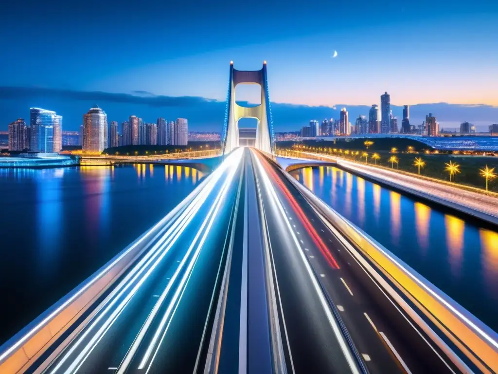 Puente inteligente que resalta seguridad nocturna en ciudad moderna