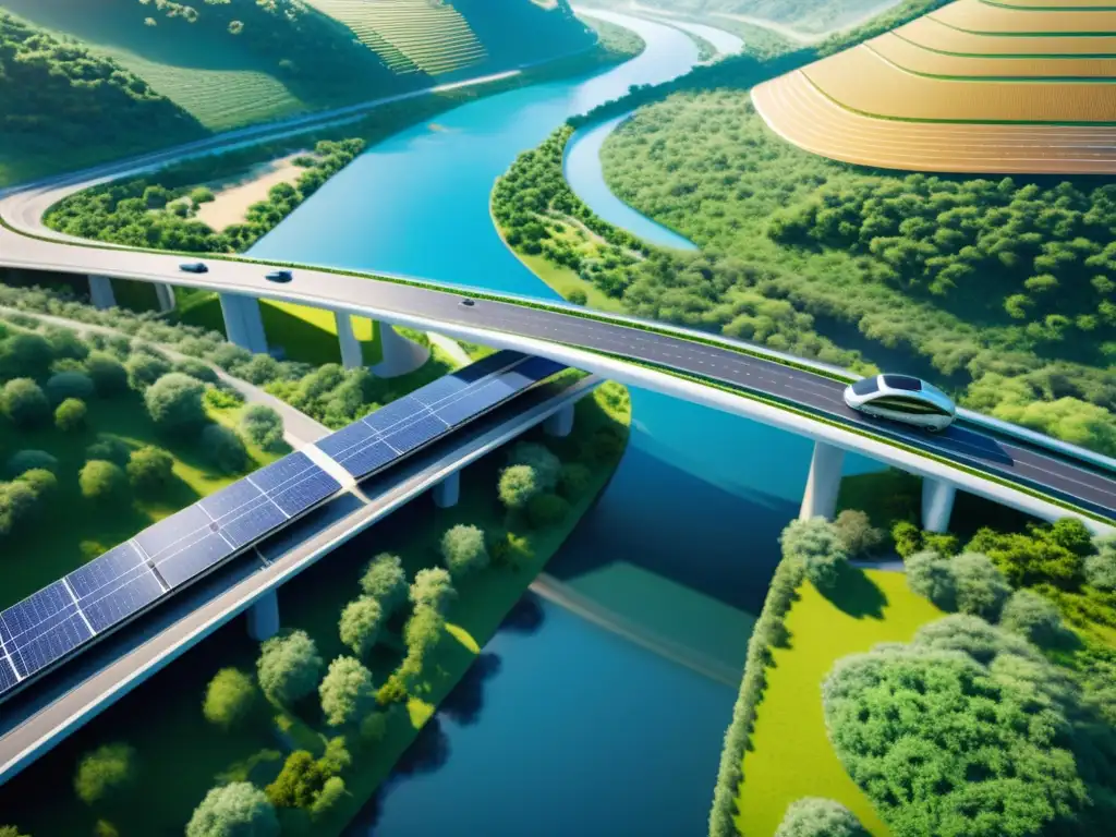 Puente inteligente y sostenible sobre un valle fluvial, fusionando tecnología y naturaleza para minimizar el impacto ambiental