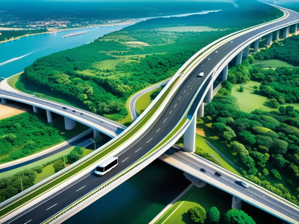 Puente internacional con realidad aumentada, señales virtuales y tráfico fluido, uniendo dos países con grandiosidad arquitectónica