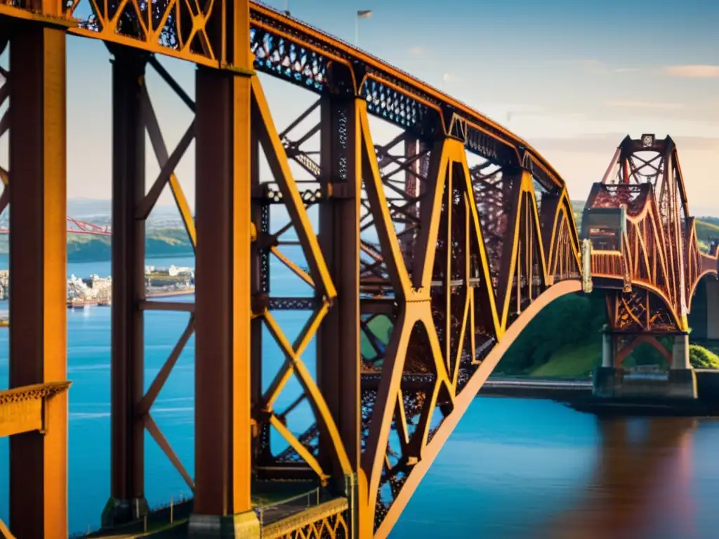 El Puente de Forth, ingeniería victoriana, destaca con su intrincado diseño de hierro oxidado en la suave luz del atardecer