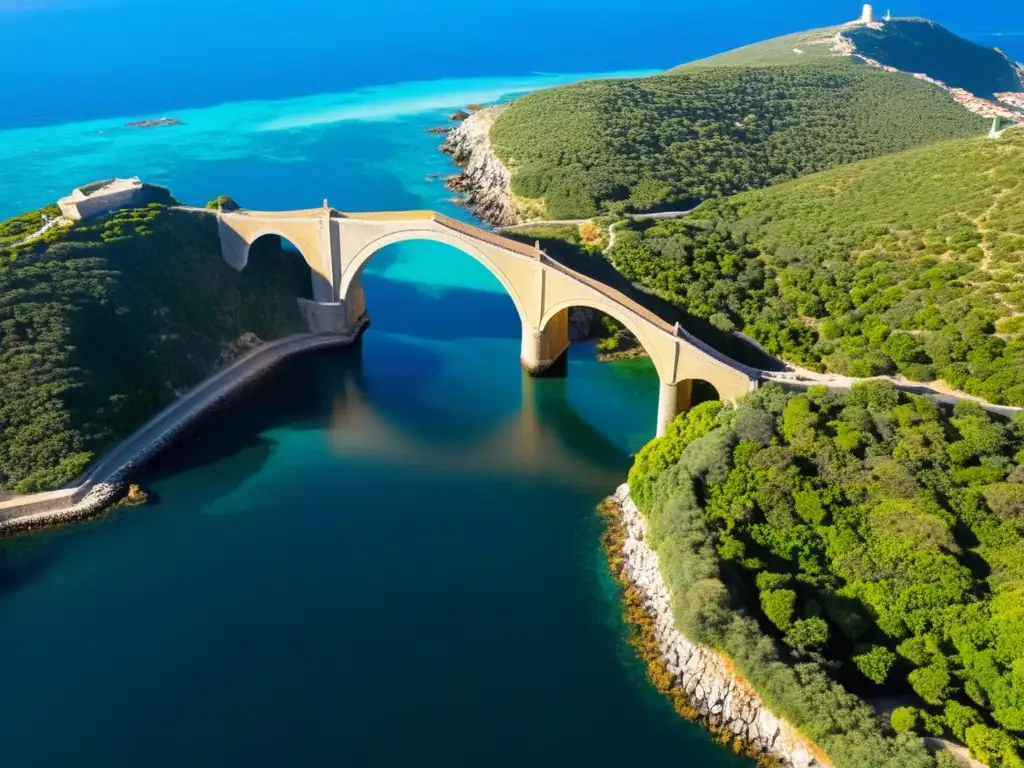 El Puente de Isla de Gorea en Senegal, con arcos de piedra desgastados por el tiempo, rodeado de exuberante vegetación y bañado por la luz del sol