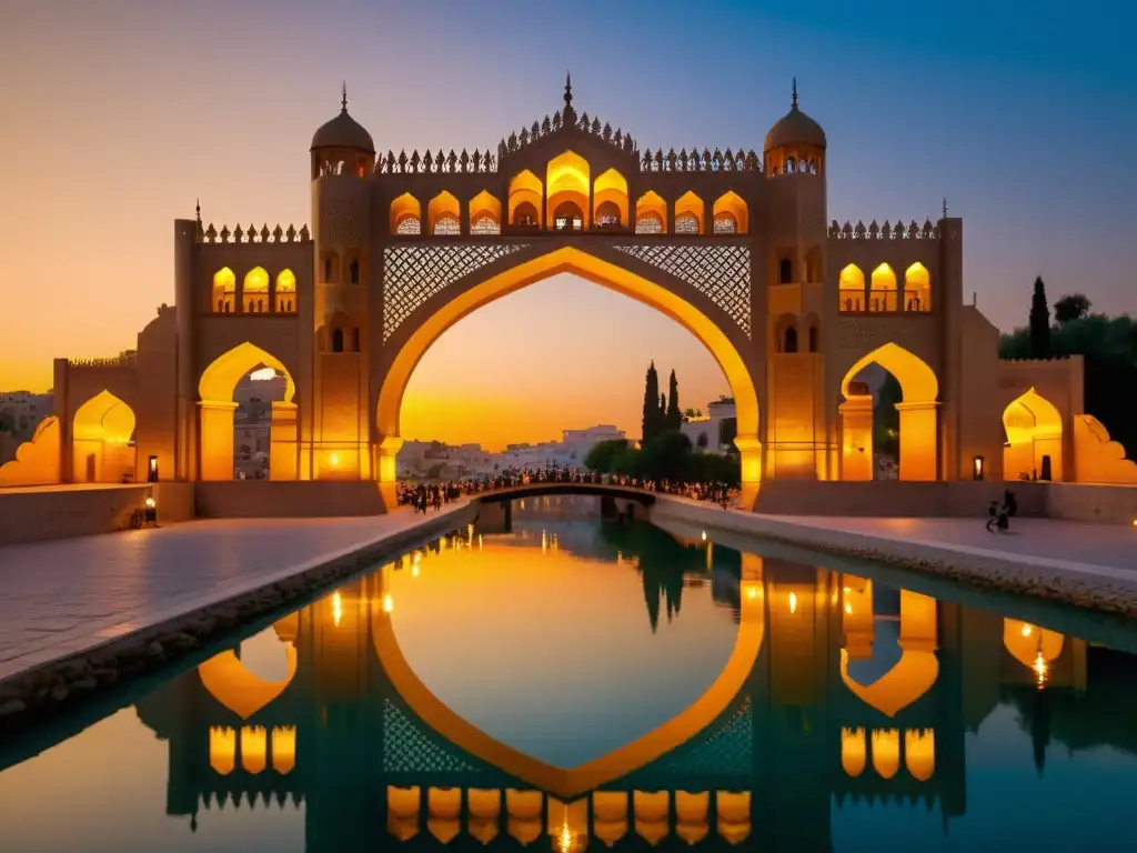 El Puente Khaju en Irán brilla al atardecer, reflejando su arquitectura cultural en las tranquilas aguas del río