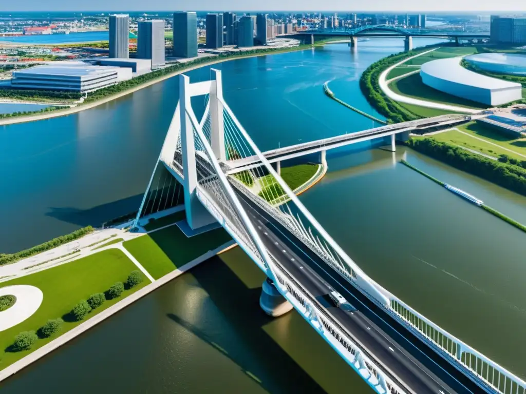 Un puente levadizo futurista destaca la tecnología del siglo XXI integrada en su diseño, con cables y una torre de control avanzada