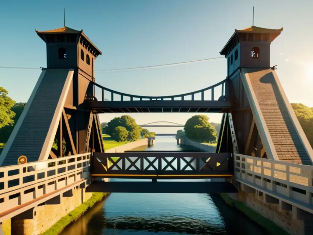 Un puente levadizo histórico con detalles ingenieriles, realzado con realidad aumentada