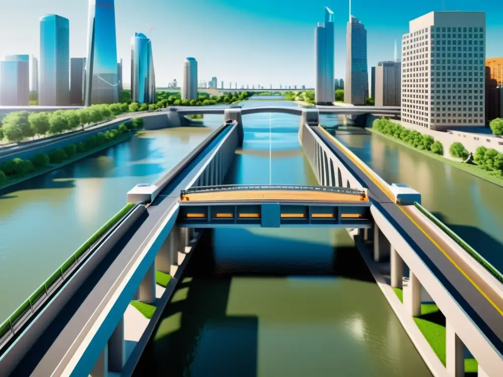 Un puente levadizo en realidad aumentada se transforma sobre un bullicioso río urbano, fusionando tecnología y vida cotidiana