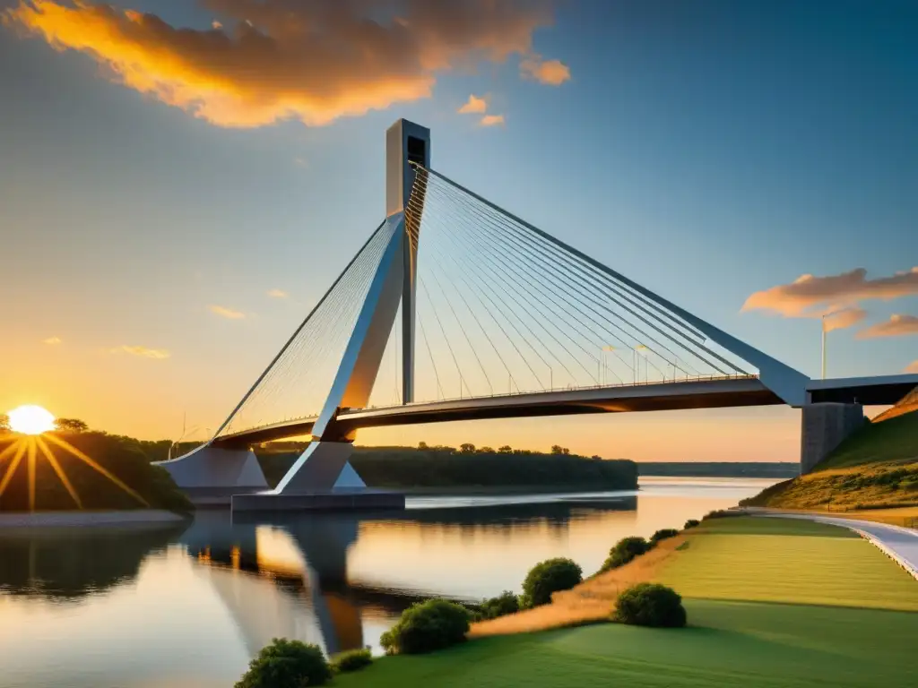 Un puente levadizo de tecnología siglo XXI se eleva sobre el río al atardecer, reflejando luces y modernidad