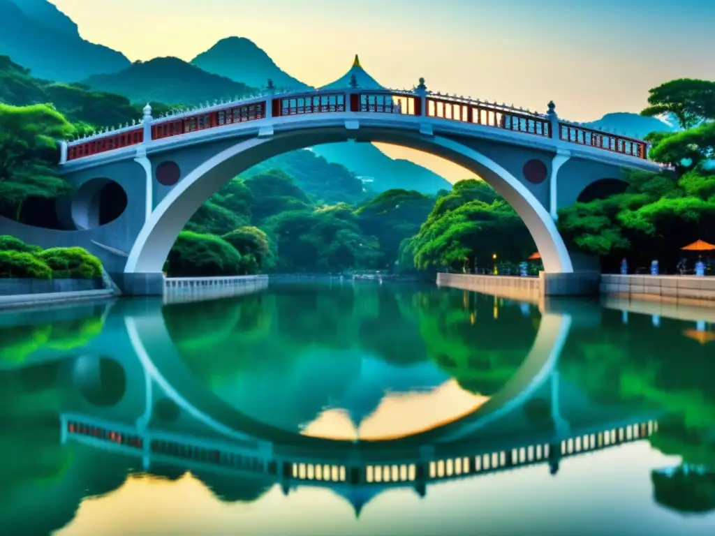 El Puente de la Luna en Taipei se destaca con su arquitectura detallada, rodeado de tranquilidad y visitantes paseando