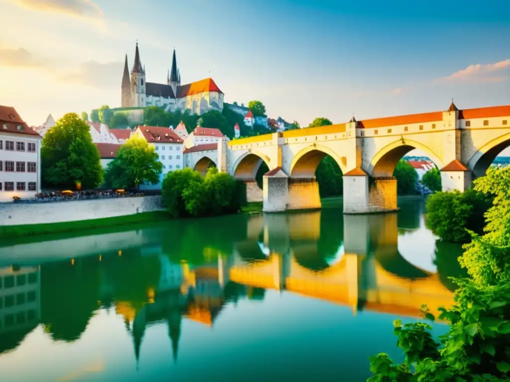 El Puente de Piedra de Regensburg brilla bajo la luz dorada del atardecer, reflejando su majestuosidad en las aguas del Danubio