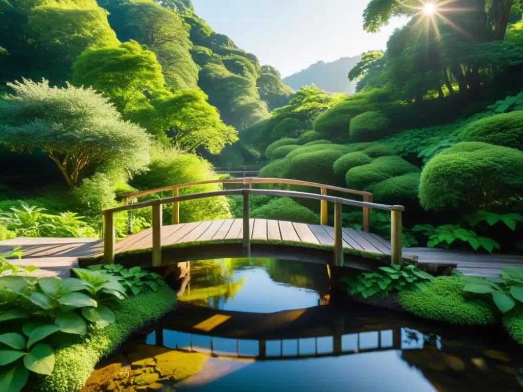 Un puente de madera tradicional en un exuberante paisaje verde, evocando armonía con la naturaleza