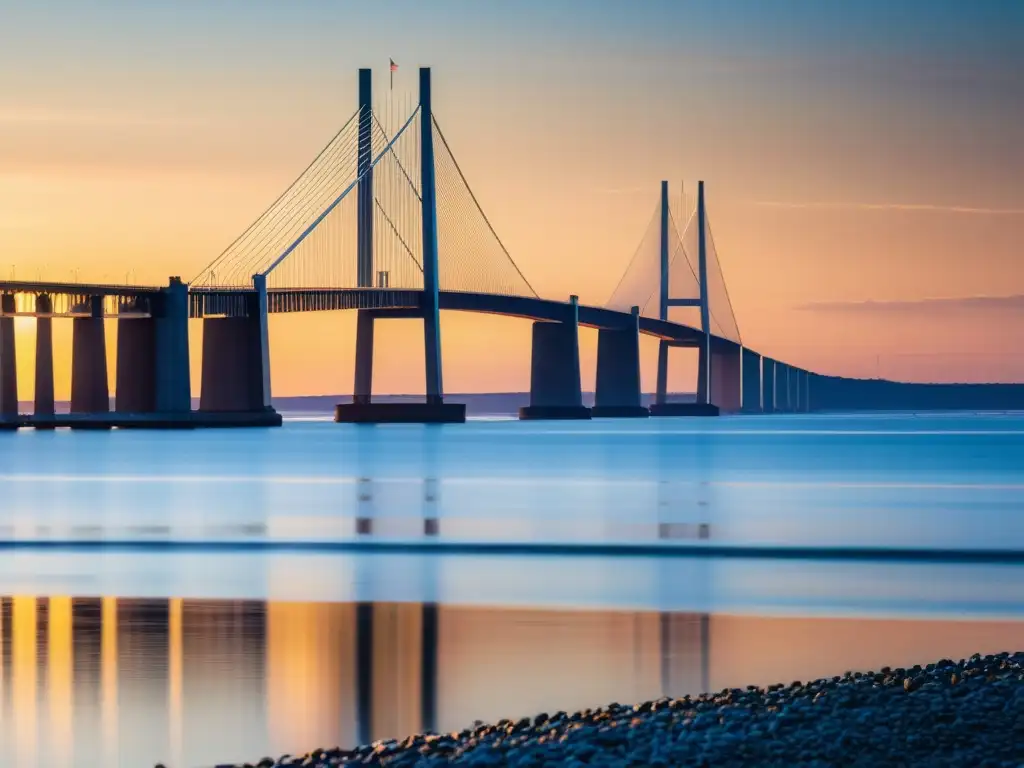 Innovación en el Puente Øresund: Una majestuosa imagen documental del puente al atardecer, destacando su arquitectura moderna sobre las aguas brillantes