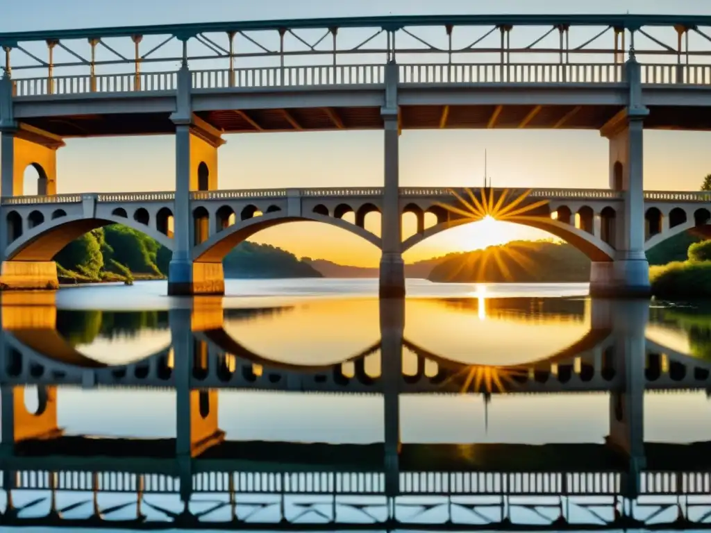 Un puente majestuoso se refleja en aguas tranquilas al atardecer