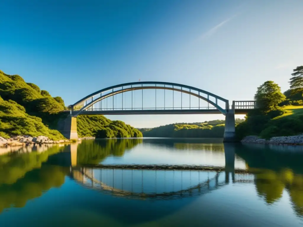 Un puente majestuoso se refleja sobre aguas tranquilas, fusionando innovación humana y la serenidad del entorno natural