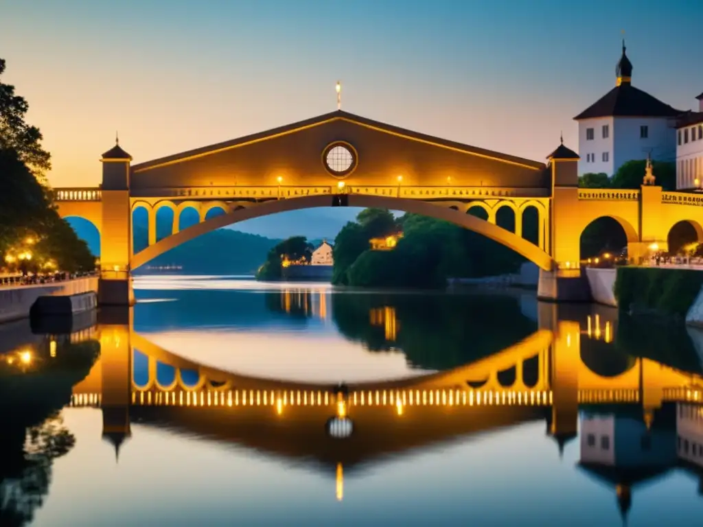 Un puente majestuoso al atardecer, con el resplandor cálido del sol y su reflejo en el río