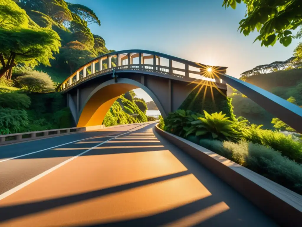 Fotografía de un puente majestuoso capturado con encuadres creativos, resaltando su diseño arquitectónico y la cálida luz del atardecer