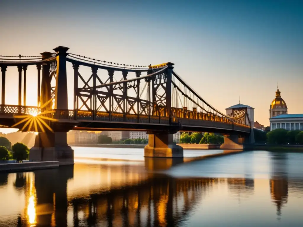 Un puente majestuoso se destaca con efectos postproducción fotos puentes, bañado en cálidos tonos dorados al atardecer sobre el río