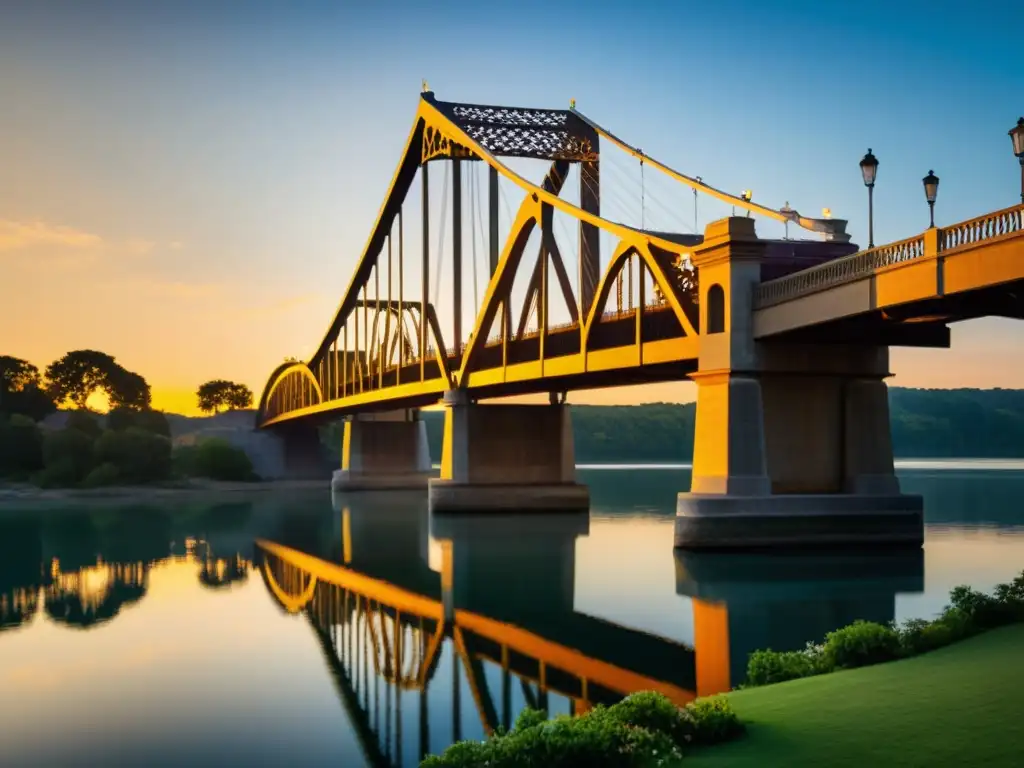 Un puente majestuoso iluminado por el cálido atardecer, destacando sus detalles arquitectónicos