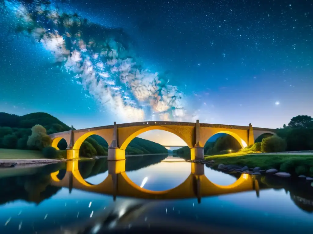 Un puente majestuoso iluminado por la suave luz cálida, reflejándose en las tranquilas aguas, bajo un cielo estrellado