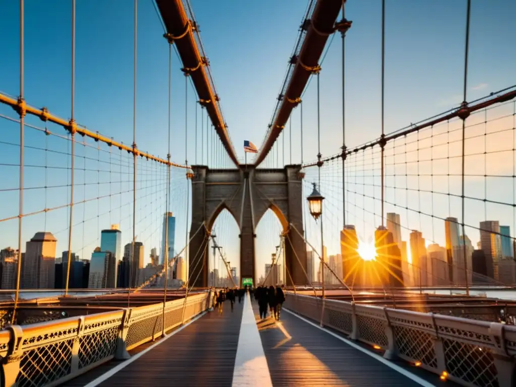 El puente de Brooklyn se alza majestuoso sobre el perfil de Nueva York al atardecer