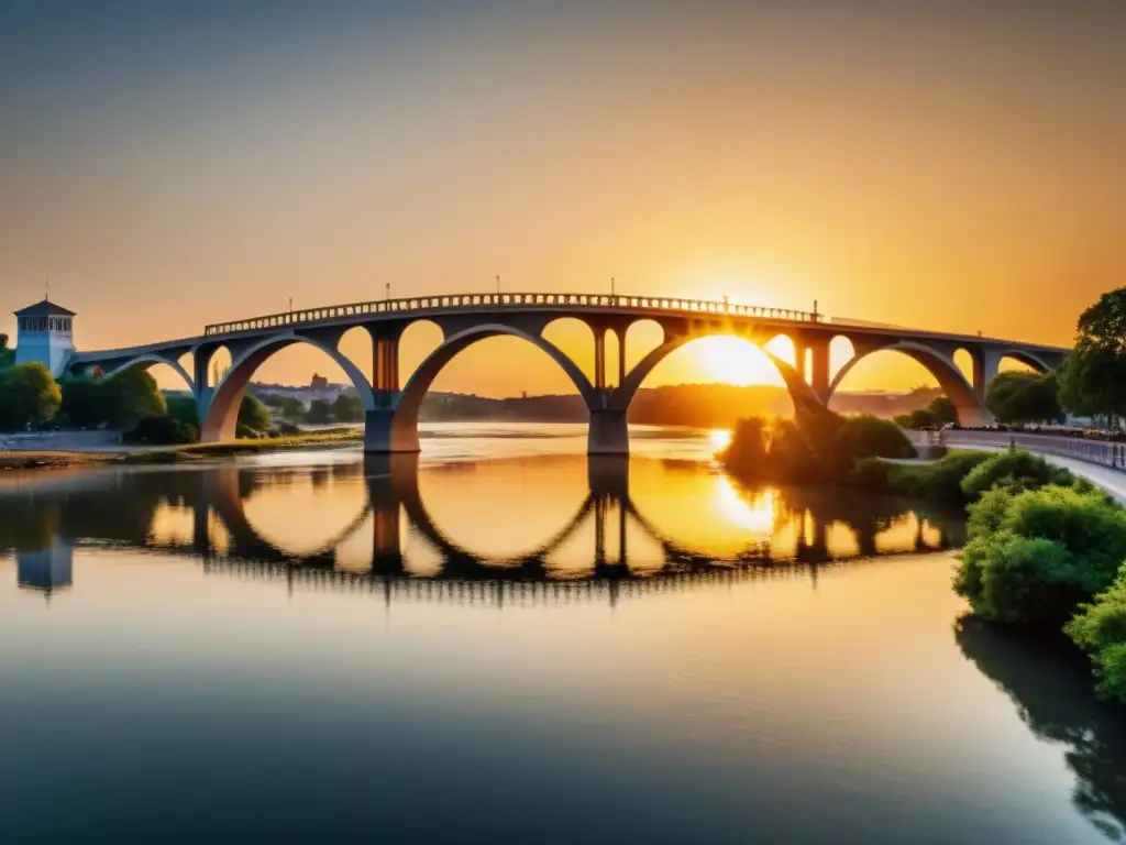 Un puente majestuoso se alza sobre un río al atardecer, con efectos postproducción fotos puentes que realzan su belleza arquitectónica