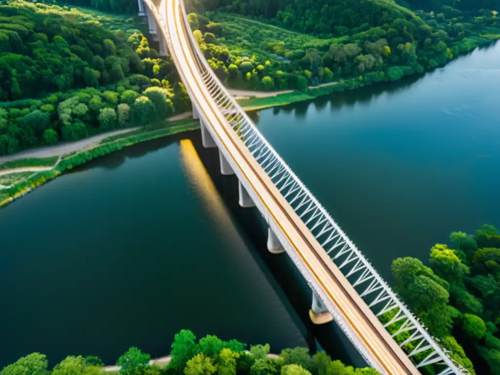 Un puente majestuoso sobre un río, con cables de acero y pilares de concreto, bañado por la luz del sol