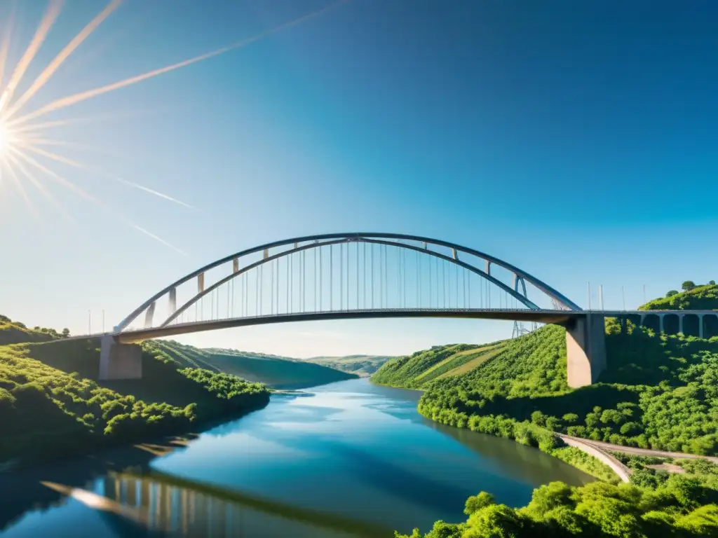 Un puente majestuoso sobre un río, con cables de acero y arcos que se alzan hacia el cielo