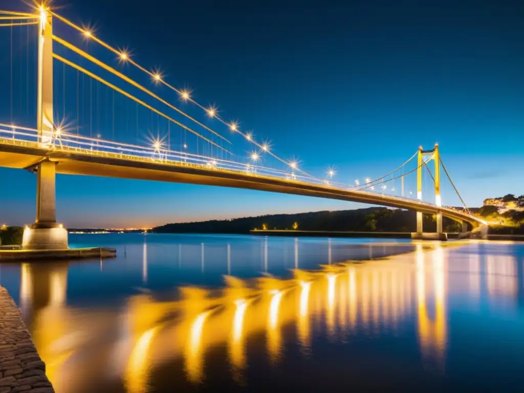 Fotografía de larga exposición capturando el puente majestuoso sobre el río, con luces doradas reflejadas en el agua en movimiento