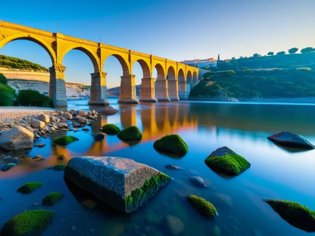 El Puente de Alcántara se alza majestuoso sobre el río Tajo al atardecer, con sus arcos de piedra y pilares cubiertos de musgo